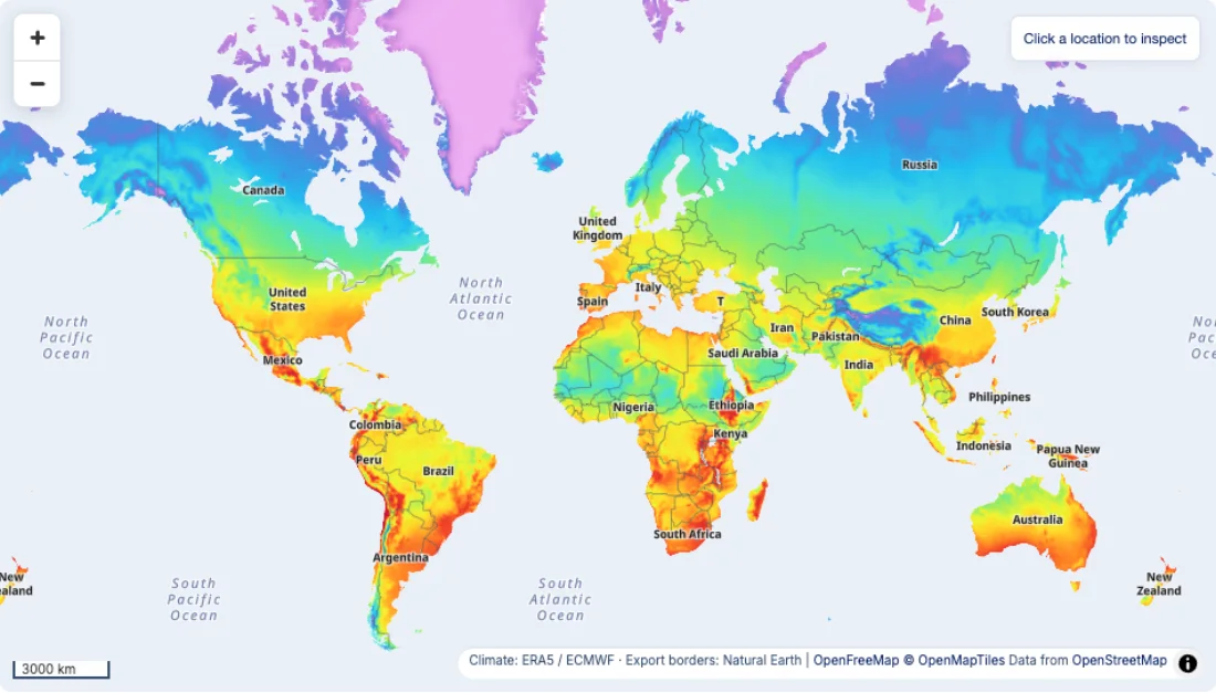 Comfy Days world map, with colors showing average weather comfort.