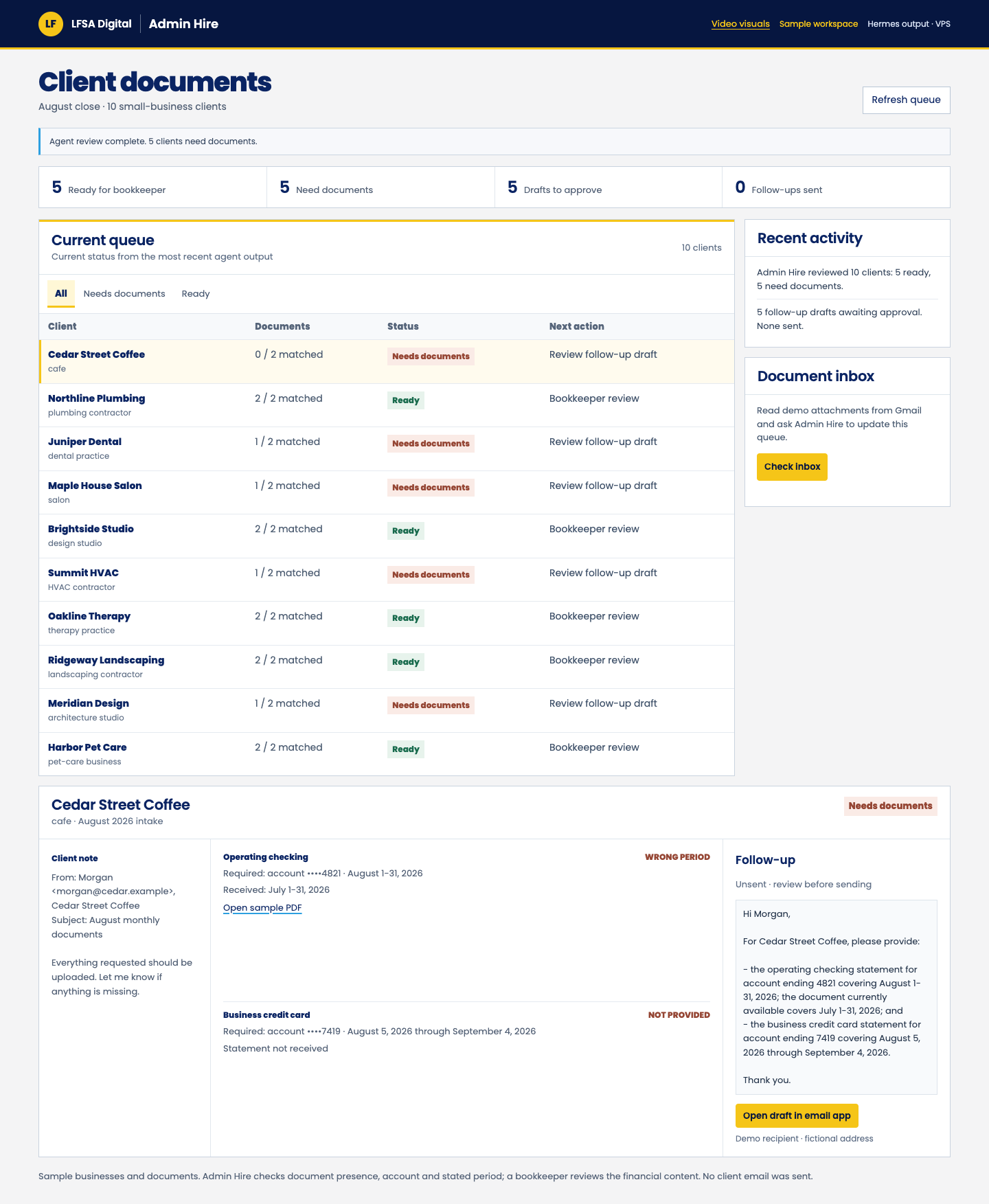 Admin Hire client queue and document status